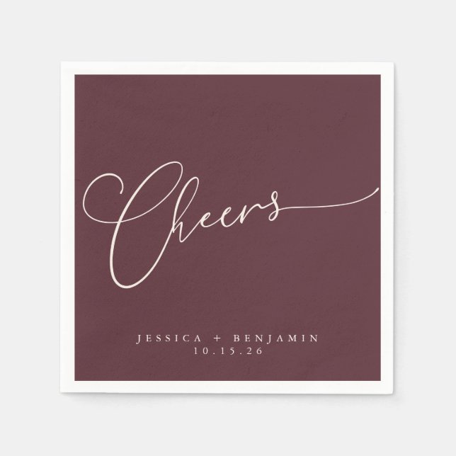 Serviette En Papier Cheers Minimal Burgundy Script personnalisé mariag (Devant)