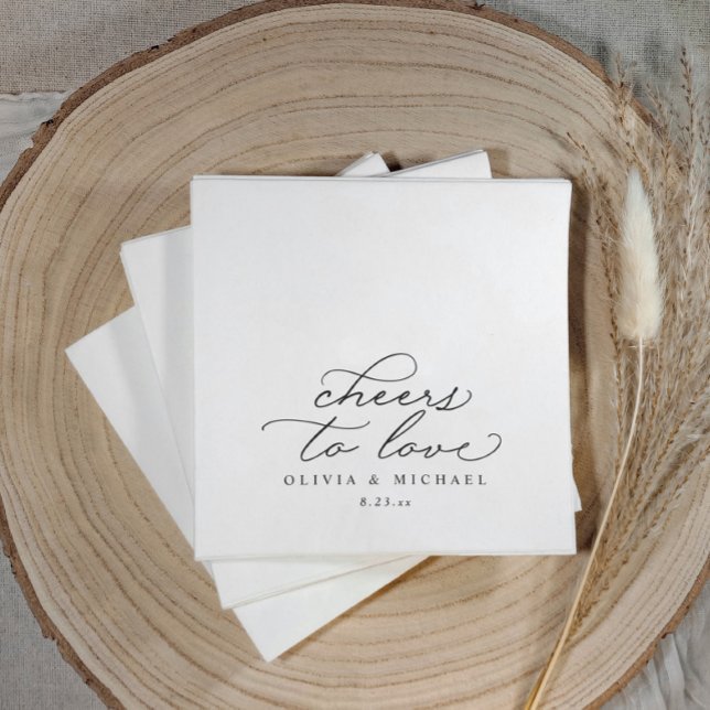 Serviette En Papier Cheers Wedding Napkins Elegant Black and White (Elegant black and white wedding napkins with “cheers to love” calligraphy, modern reception décor.)