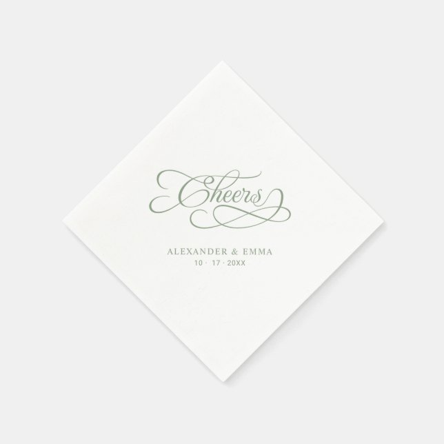 Serviette En Papier Cheers Wedding Sage Green Elegant Calligraphy (Coin)