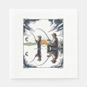 Serviette En Papier Chemise avec gravure vintage père et enfant pêche