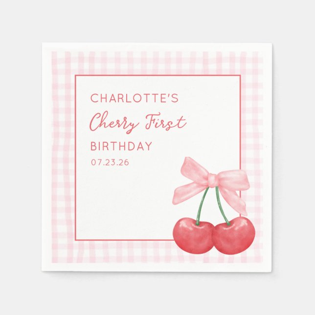 Serviette En Papier Cherry First Birthday Pink Gingham Girls One Year  (Devant)