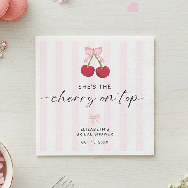 Serviette En Papier Cherry On Top Bridal Shower Coquette Bow  Stripes (Créateur téléchargé)