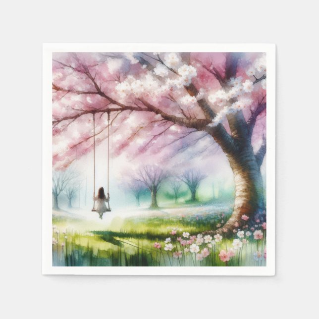 Serviette En Papier Cherry Tree avec une fille sur une aile (Devant)