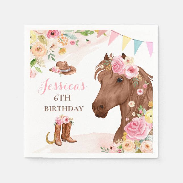 Serviette En Papier Cheval Anniversaire Fête Cowgirl rose Floral Anniv (Devant)