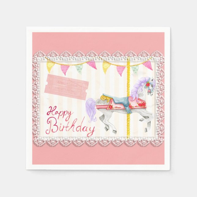 Serviette En Papier Cheval de carrousel (rose) Anniversaire (Devant)