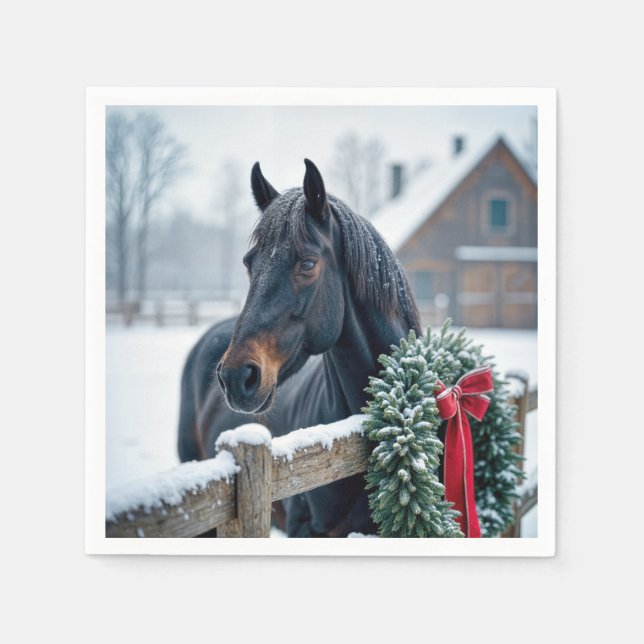 Serviette En Papier Cheval d'hiver avec couronne de Noël (Devant)