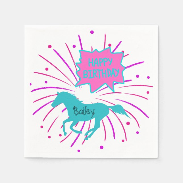 Serviette En Papier Cheval Joyeux Anniversaire rose violet Turquoise (Devant)