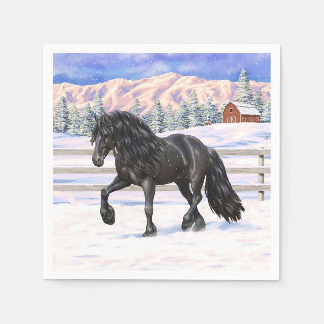 Serviette En Papier Cheval Noir Friésien En Neige (Devant)