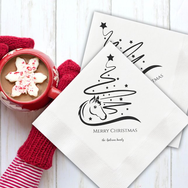 Serviette En Papier Cheval sapin noir blancEquestre (Horse Christmas tree paper napkins with personalized text)