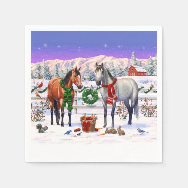 Serviette En Papier Chevaux de Noël en neige (Devant)