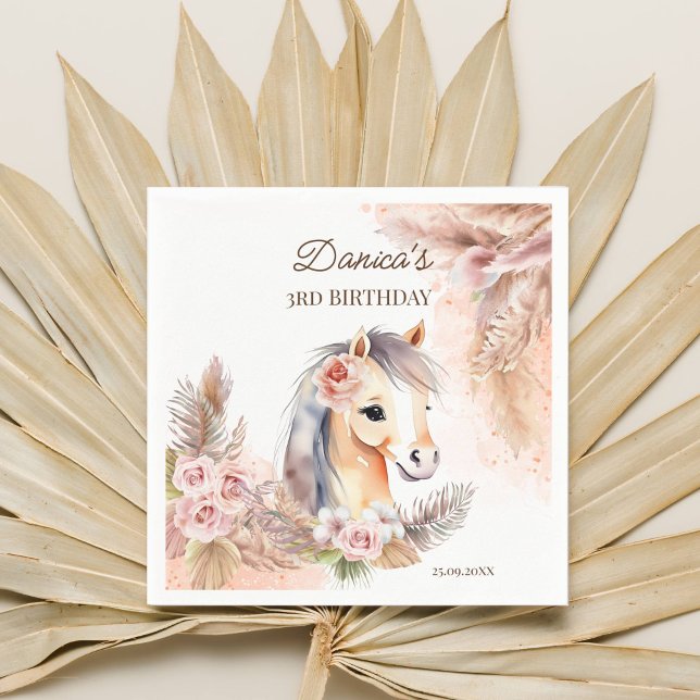 Serviette En Papier Chevaux poney thème fête d'anniversaire vaisselle (Horse themed birthday party supplies tableware personalized napkins cute horse pampas grass blush)
