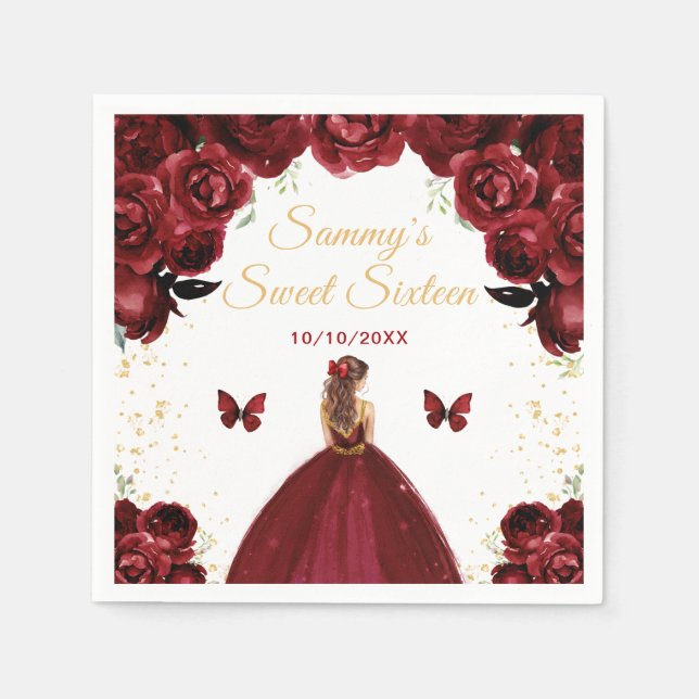 Serviette En Papier Cheveux Brown foncé Rouge princesse Sweet sixteen (Devant)