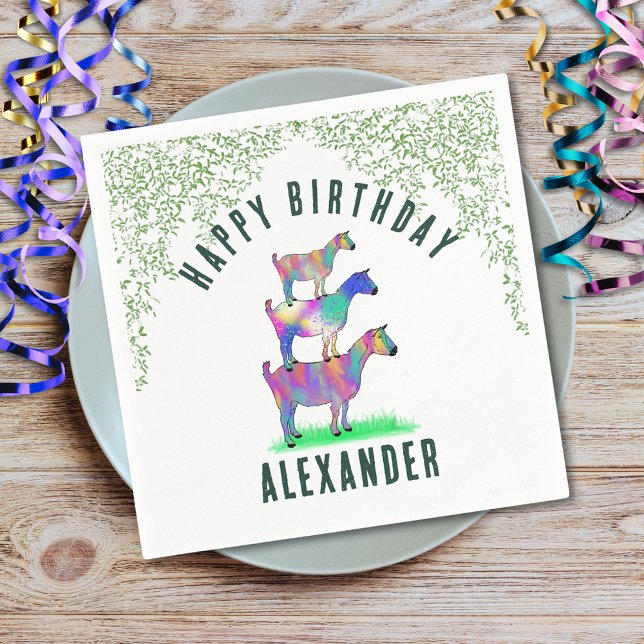 Serviette En Papier Chèvre Thème Anniversaire Fête Nom de la verdure (Cute goats colorful farm animal art happy birthday party custom paper plates)