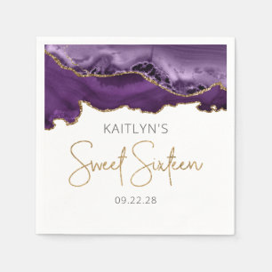 Serviette En Papier Chic Agate Violet Or Doré Anniversaire Sweet 16