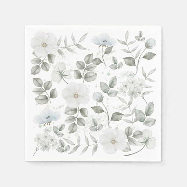 Serviette En Papier Chic Aquarelle vert et Motif de fleurs blanches (Devant)