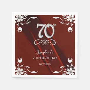 Serviette En Papier Chic Argent Cadre Floral Bourgogne 70e anniversair