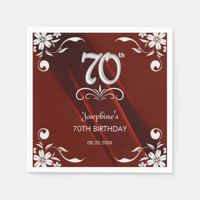 Serviette En Papier Chic Argent Cadre Floral Bourgogne 70e anniversair (Devant)