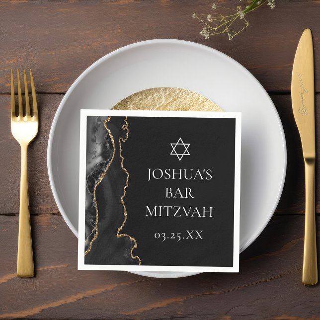 Serviette En Papier Chic Black Gold Agate Bar Mitzvah Party (Créateur téléchargé)