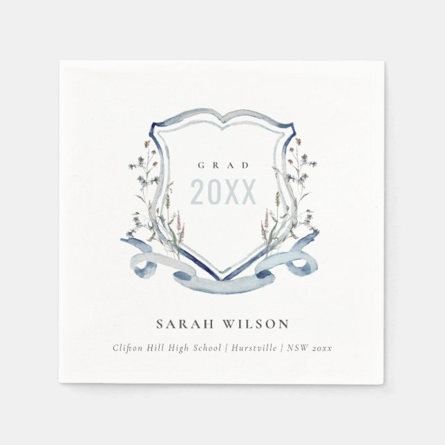 Serviette En Papier Chic Bleu Fleur sauvage Aquarelle Crest Graduation (Devant)