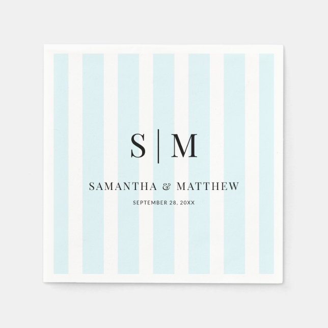 Serviette En Papier Chic Blue Stripes Élégant Couple Initiales Mariage (Devant)