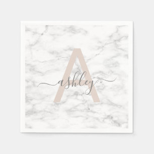 Serviette En Papier Chic Blush Pink White Marble Script Nom monogram