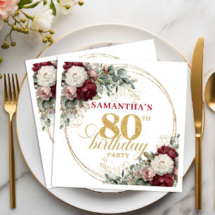 Serviette En Papier Chic Bohème Bourgogne Floral Or 80e Anniversaire