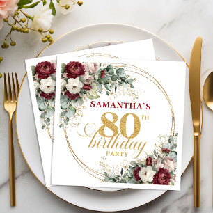Serviette En Papier Chic Bohème Marsala Floral Or 80e Anniversaire