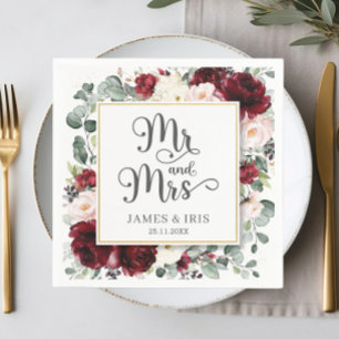 Serviette En Papier Chic Burgundy Blush Pink Floral Mariage M. et Mme.