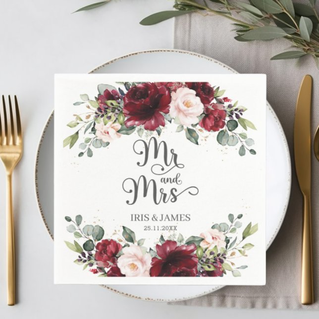 Serviette En Papier Chic Burgundy Blush Rose Floral Mariage Mr & Mrs. (Créateur téléchargé)