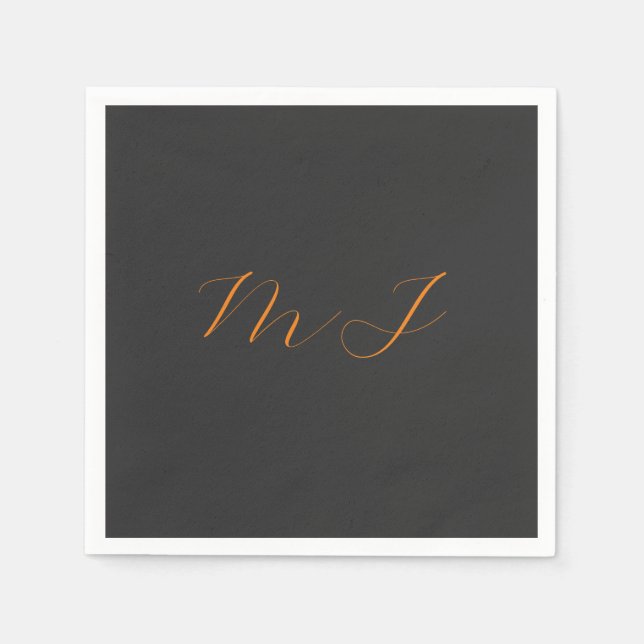 Serviette En Papier Chic calligraphie gris orange monogramme nom initi (Devant)