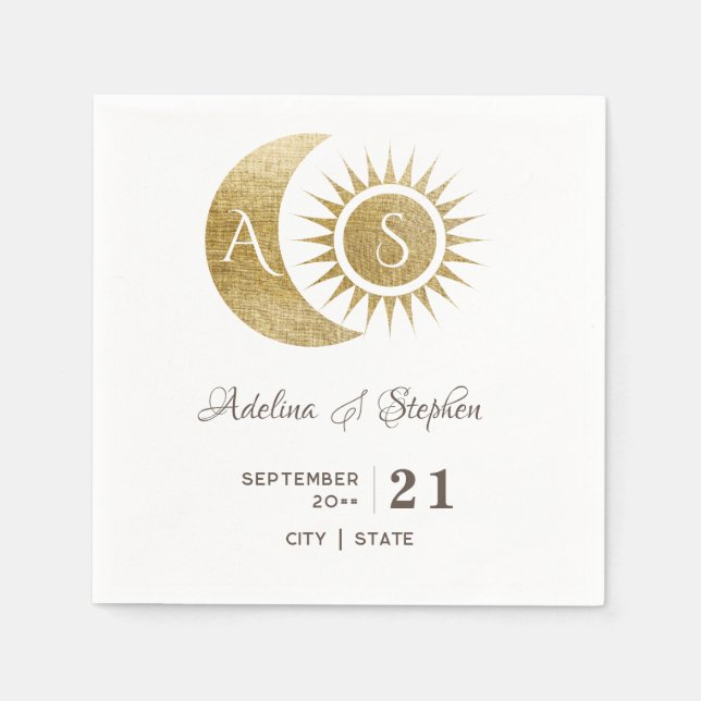 Serviette En Papier Chic Céleste Blanc Or Soleil Lune Monogramme Crest (Devant)