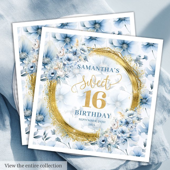 Serviette En Papier Chic Dusty Sweet sixteen bleu Parties scintillant  (Chic Dusty Blue Sweet Sixteen Gold Glitter Napkins)