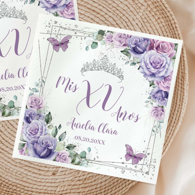Serviette En Papier Chic Fleurs de Lilas Violet Papillons Quinceañera (Créateur téléchargé)
