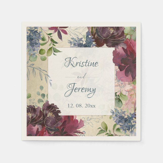 Serviette En Papier Chic Floral Marsala Rose Aquarelle Mariage or (Devant)