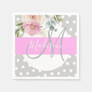 Serviette En Papier Chic & Girly Fleurs Blanc Rose Gris Monogramme Nom