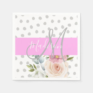Serviette En Papier Chic & Girly Floral Blanc Rose Gris Monogram Nom