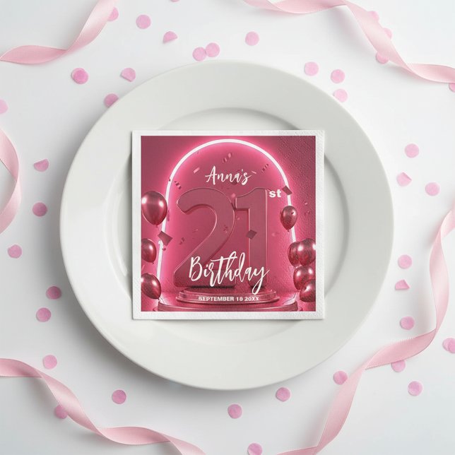 Serviette En Papier Chic Glam Vibrant Pink Neon Glow 21st Birthday (Créateur téléchargé)