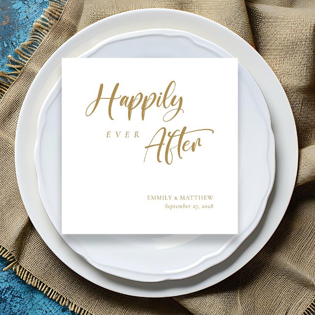 Serviette En Papier Chic Gold Calligraphie 'Heureux toujours après' Ma (Chic Gold Calligraphy 'Happily Ever After' Wedding Napkins)