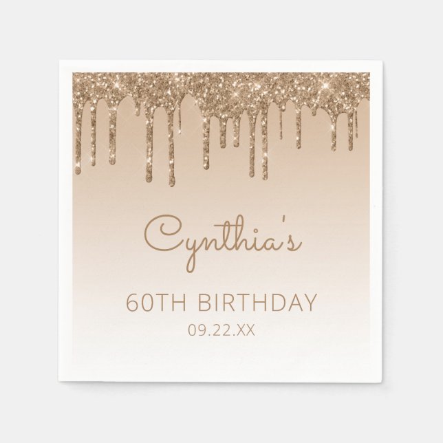 Serviette En Papier Chic Gold Parties scintillant Drip 60e fête d'anni (Devant)