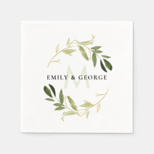 SERVIETTE EN PAPIER CHIC GREEN GOLD FOLIAGE WREATH MONOGRAS MARIAGE