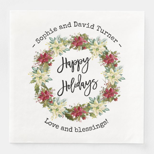 Serviette En Papier Chic Joyeux Vacances Script Poinsettia Monogramme (Devant)