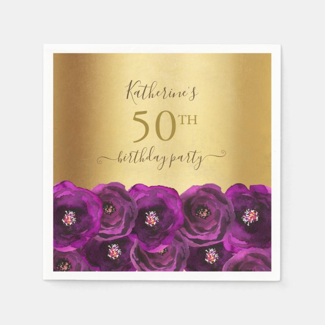 Serviette En Papier Chic Magenta Rose Floral Gold 50th Birthday Party (Devant)