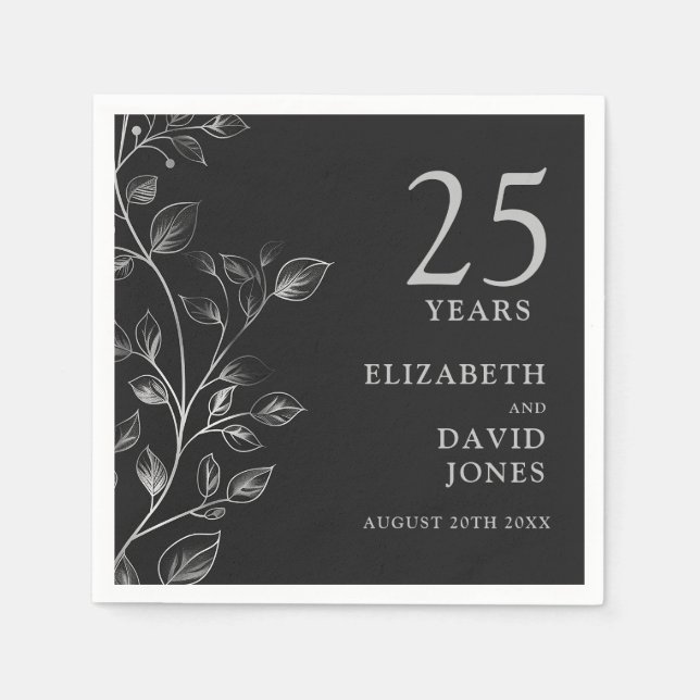 Serviette En Papier Chic Moderne Argent Floral 25e anniversaire Mariag (Devant)