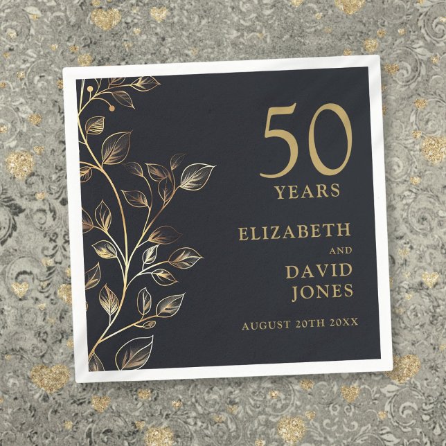 Serviette En Papier Chic Moderne Or Floral 50e anniversaire Mariage (Chic Modern Gold Floral 50th Wedding Anniversary Napkins)