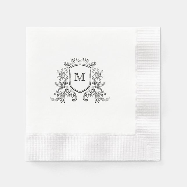Serviette En Papier Chic Noir & Blanc Crest Monogram Mariage Napkin (Devant)