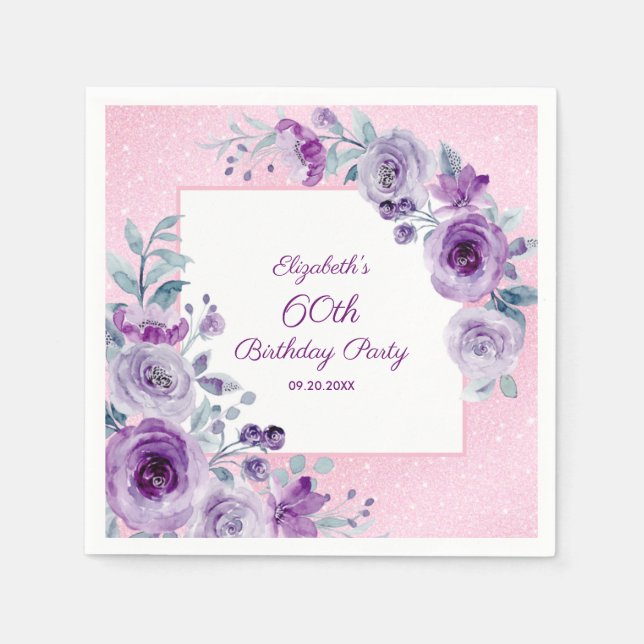 Serviette En Papier Chic Parties scintillant rose violet Rose Floral A (Devant)