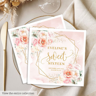 Serviette En Papier Chic Pastel Pink Gold Peonies Sweet sixteen Napkin