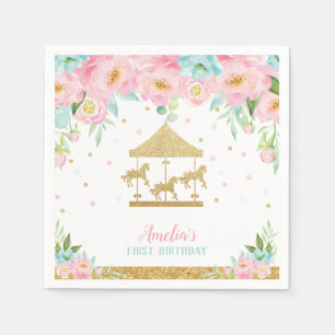 Serviette En Papier Chic Pink Mint Floral Carousel fête d'anniversaire