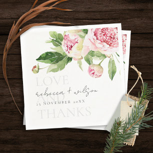 SERVIETTE EN PAPIER CHIC ROSE VERT PEONY FLORAL LOVE MERCI MARIAGE