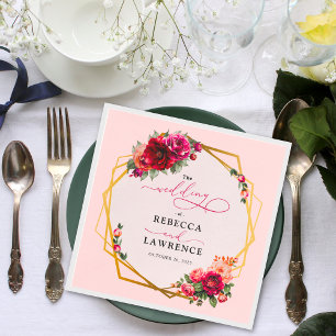Serviette En Papier Chic rouge rose floral et faux mariage or